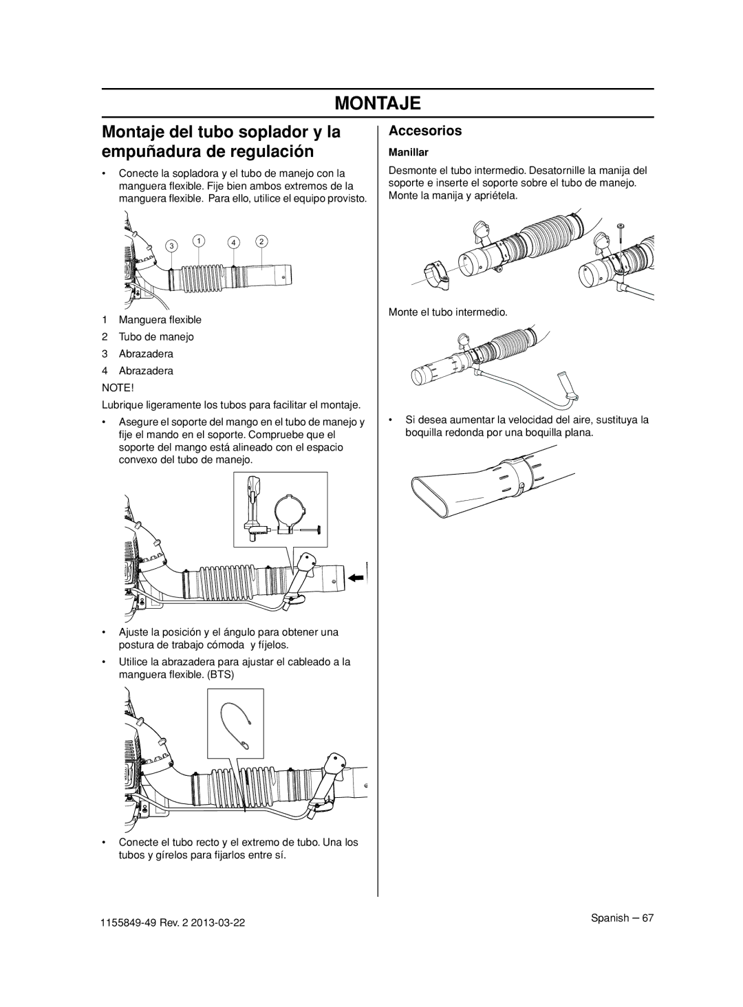 Husqvarna 966629501, 966631102, 966629602 Montaje del tubo soplador y la empuñadura de regulación, Accesorios, Manillar 