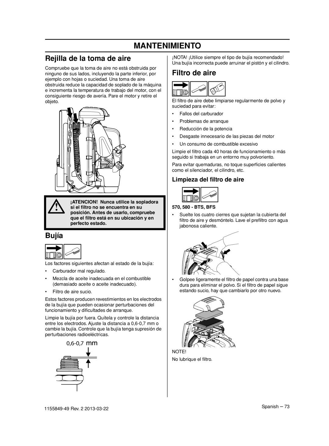 Husqvarna 966629402, 966631102, 966629602 Rejilla de la toma de aire, Bujía, Filtro de aire, Limpieza del ﬁltro de aire 