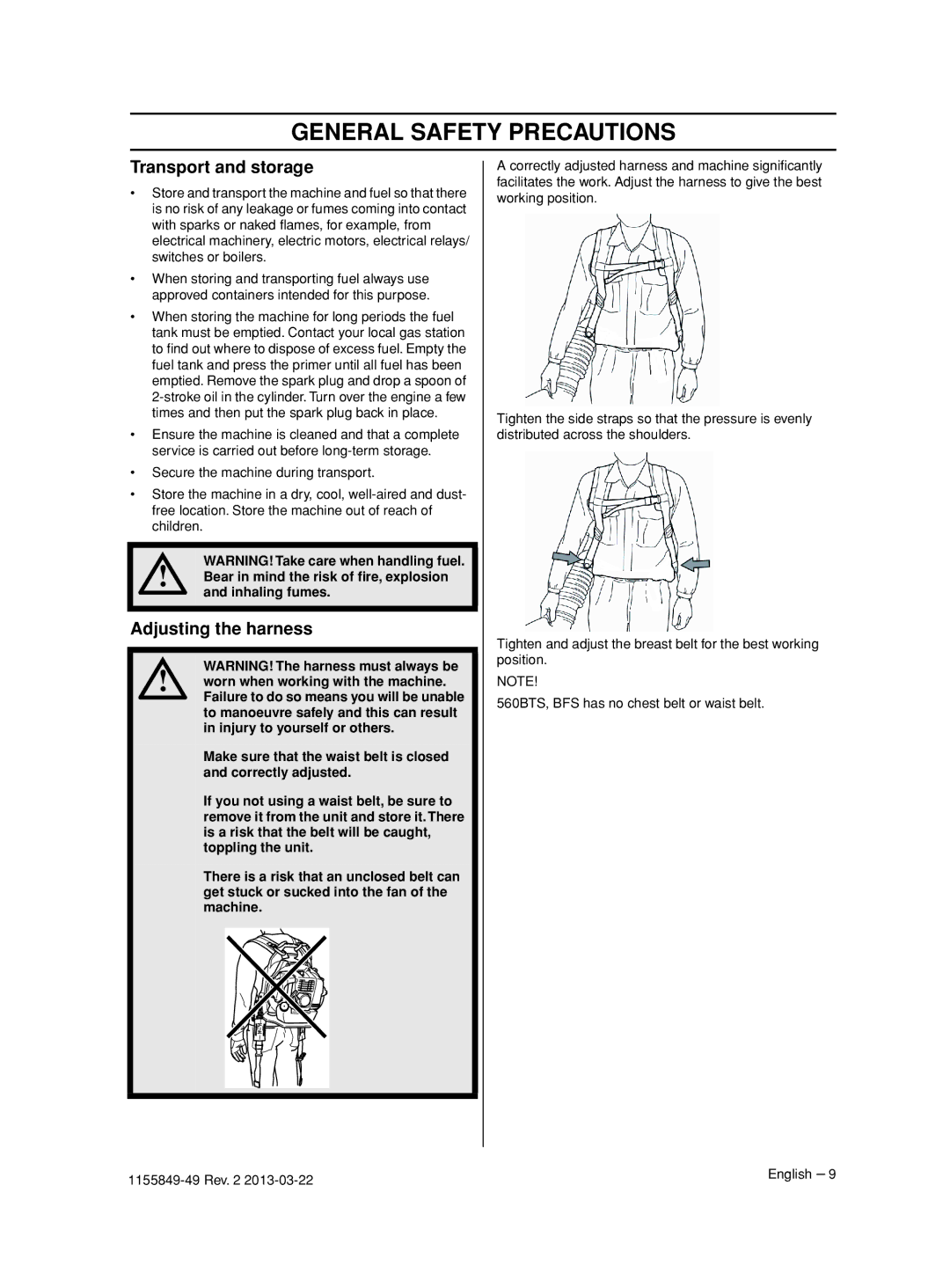 Husqvarna 966629701, 966631102, 966629602, 966629501, 966629402 Transport and storage, Adjusting the harness 