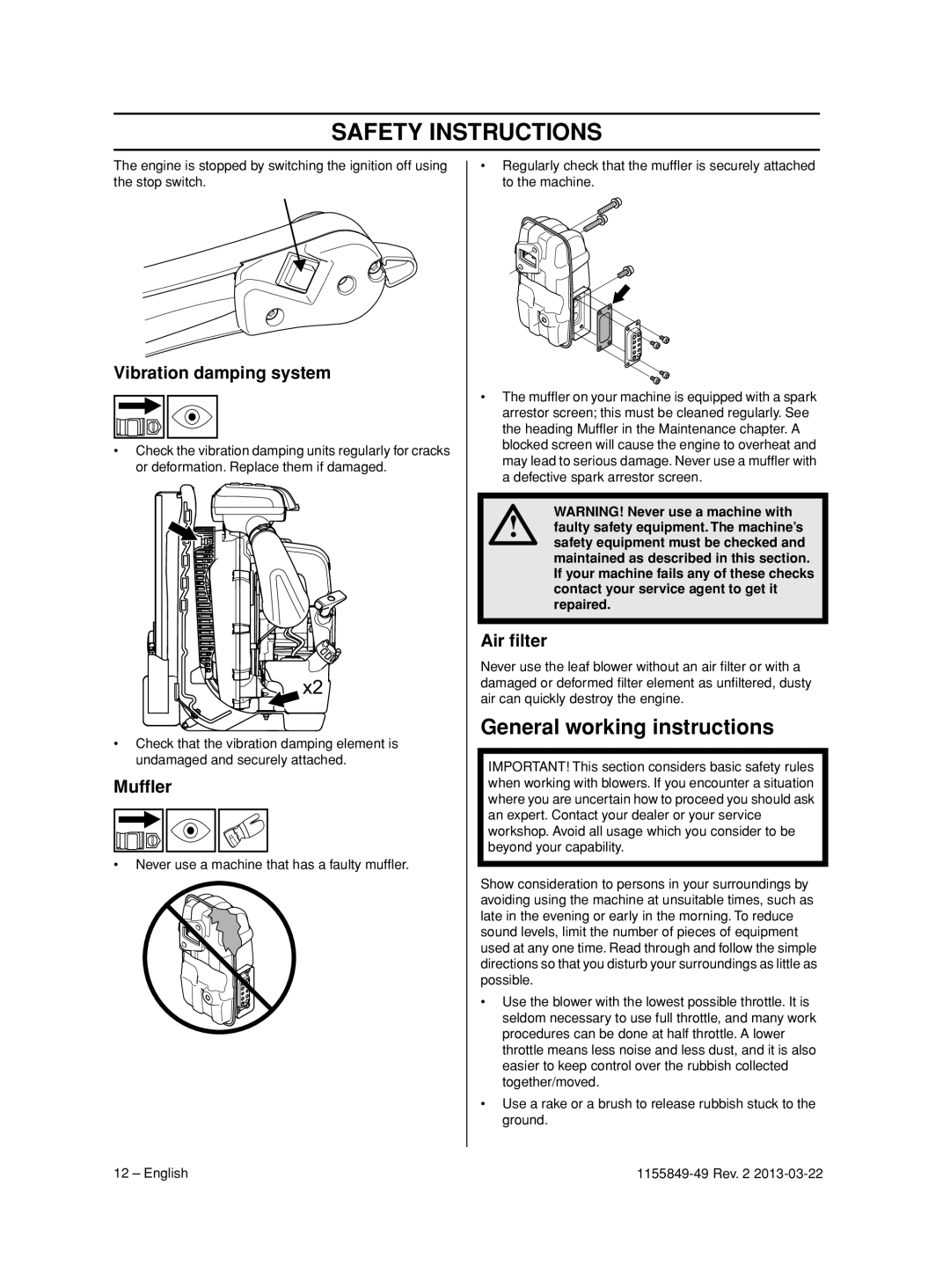 Husqvarna 966629501 General working instructions, Air ﬁlter, Safety Instructions, Vibration damping system, Mufﬂer 