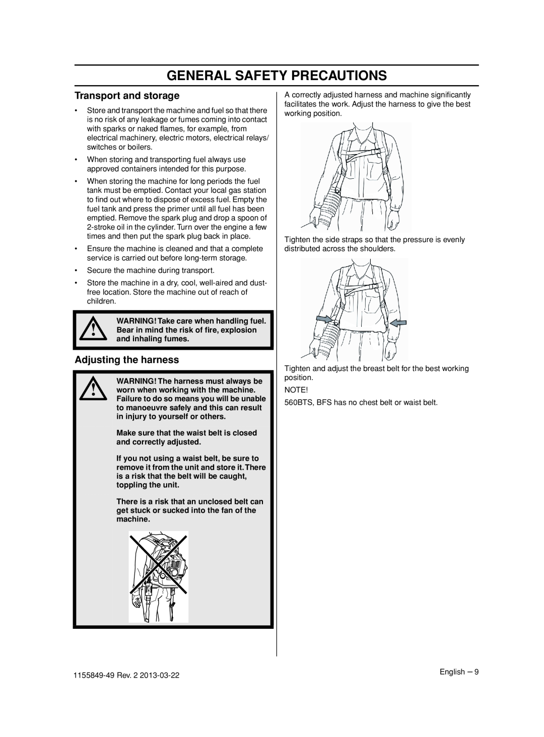 Husqvarna 966629701, 966631102, 966629602 Transport and storage, Adjusting the harness, General Safety Precautions 