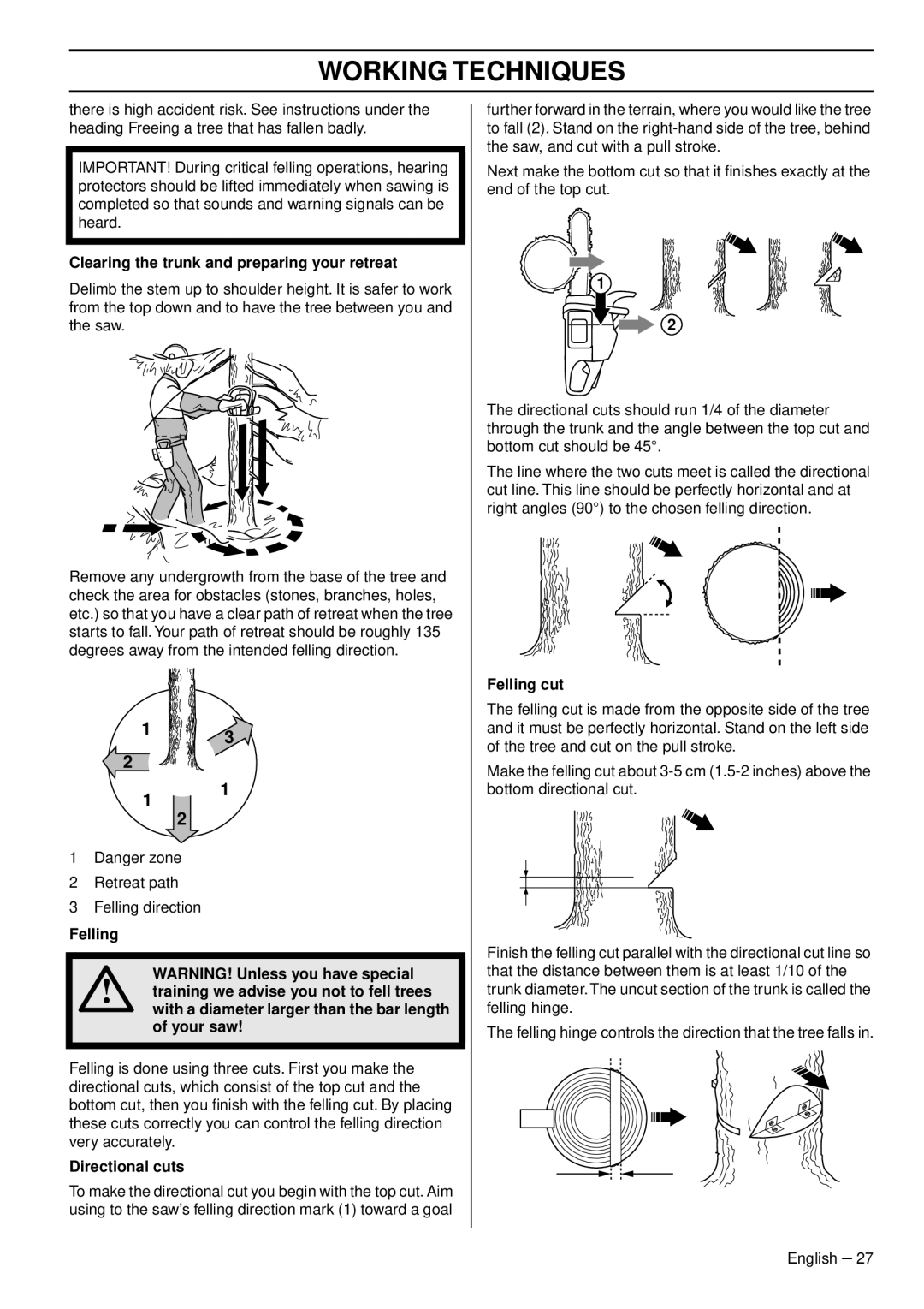 Husqvarna 966648206 Clearing the trunk and preparing your retreat, Felling cut, Your saw, Directional cuts 