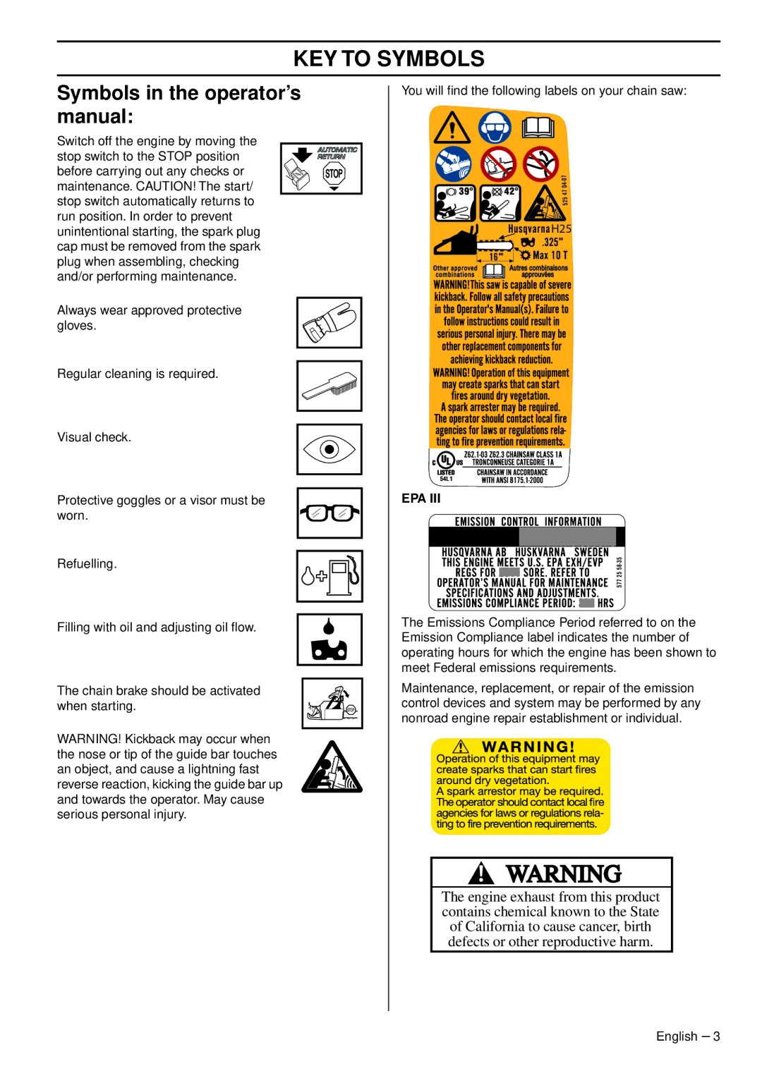 Husqvarna 966648206 manuel dutilisation Symbols in the operator’s manual, Epa 