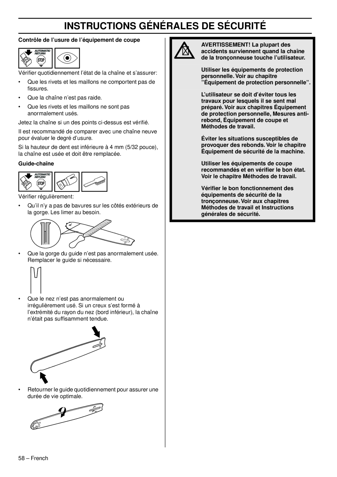 Husqvarna 966648206 manuel dutilisation Contrôle de l’usure de l’équipement de coupe, Guide-chaîne 