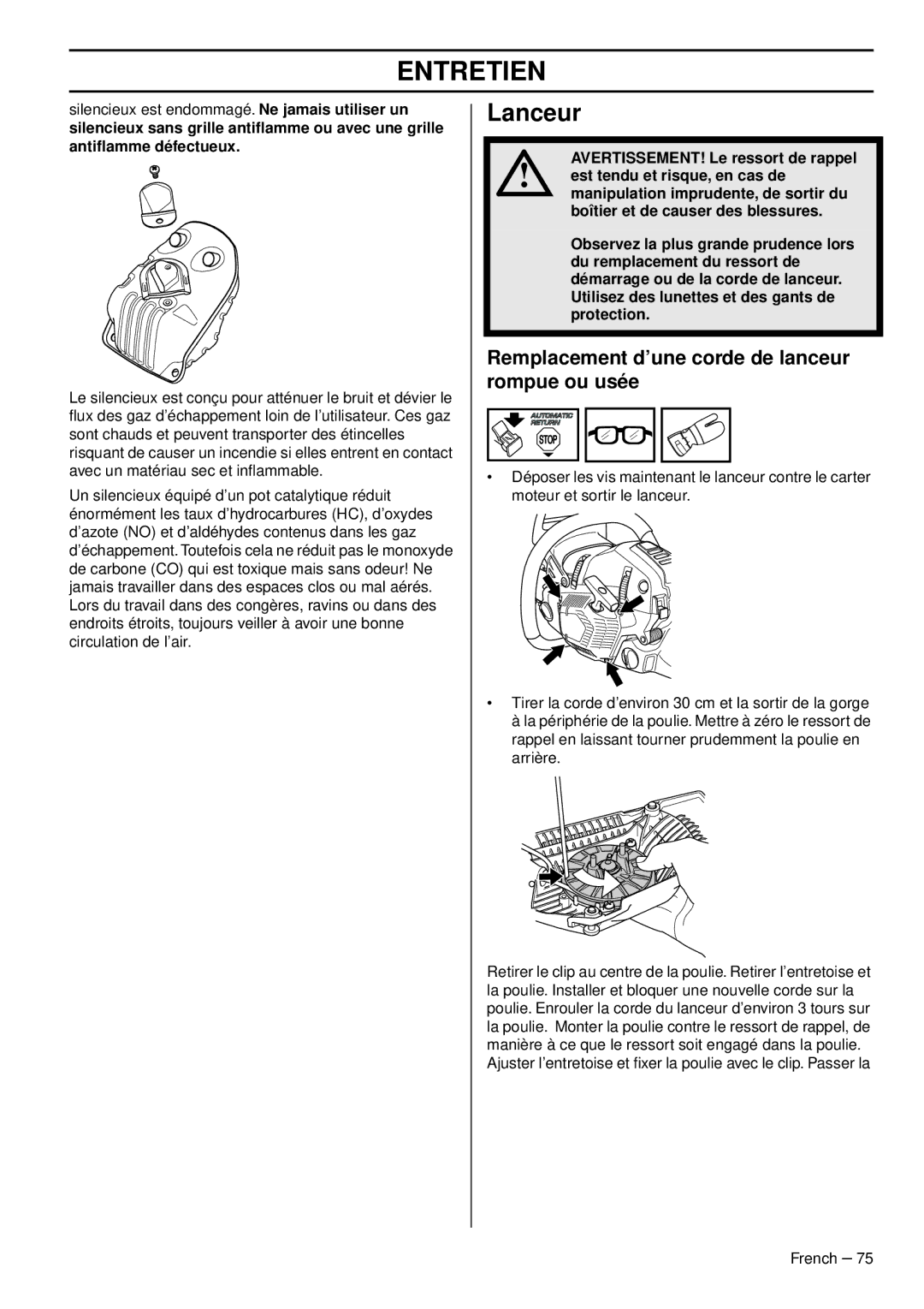 Husqvarna 966648206 manuel dutilisation Lanceur, Remplacement d’une corde de lanceur rompue ou usée 