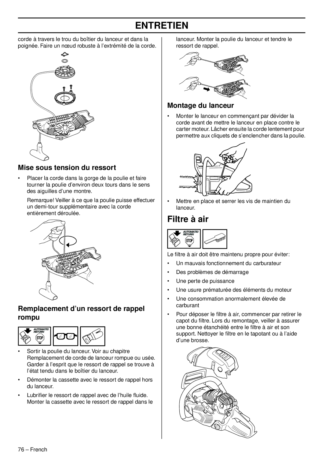 Husqvarna 966648206 Filtre à air, Mise sous tension du ressort, Remplacement d’un ressort de rappel rompu 