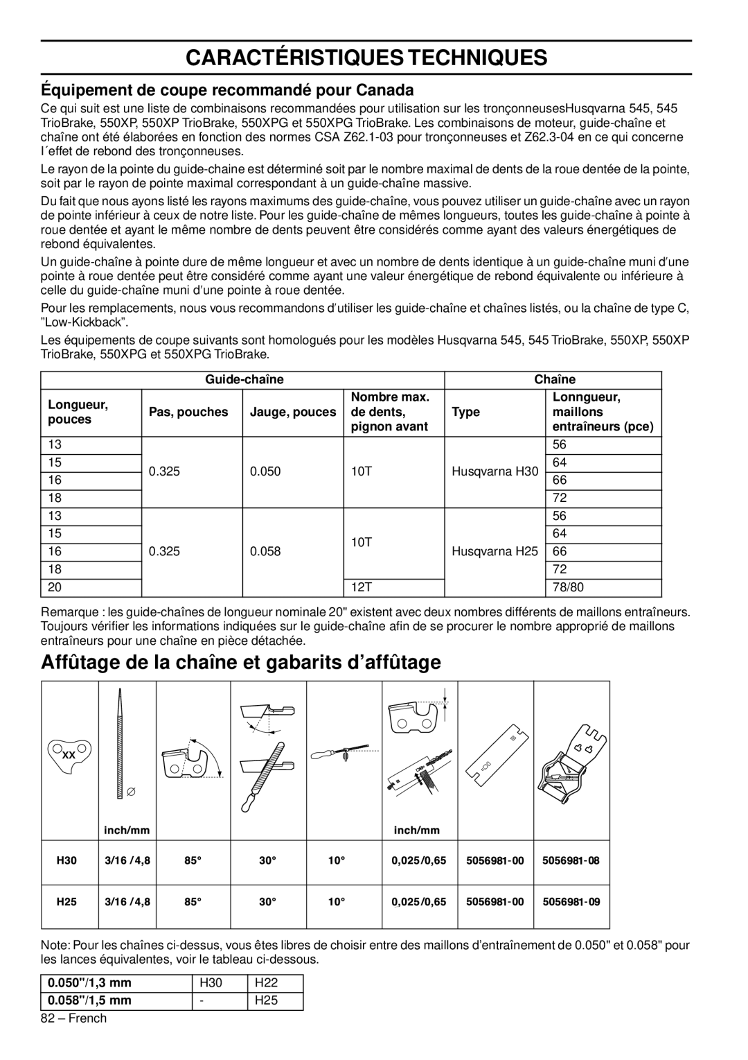 Husqvarna 966648206 Affûtage de la chaîne et gabarits d’affûtage, Équipement de coupe recommandé pour Canada 