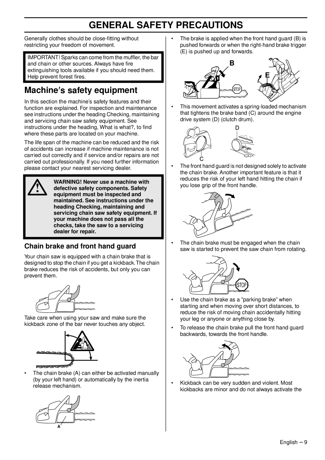 Husqvarna 966648206 manuel dutilisation Machine′s safety equipment, Chain brake and front hand guard 