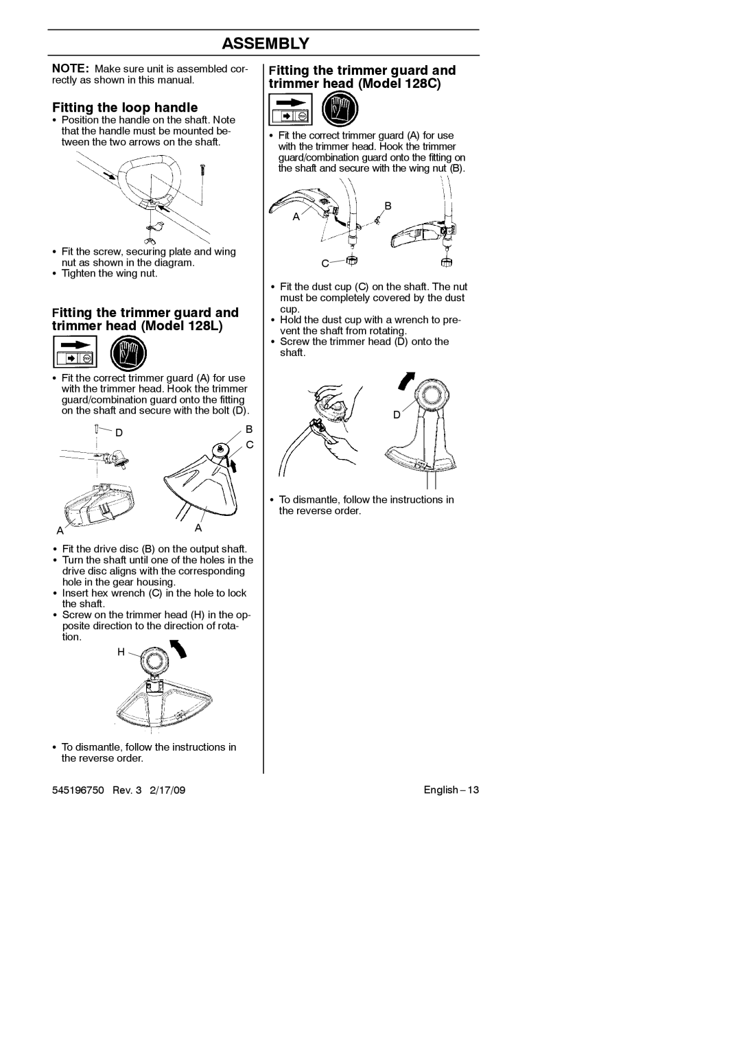 Husqvarna 128 L, 966648603, 128 C Assembly, Fitting the loop handle, Fitting the trimmer guard and trimmer head Model 128L 