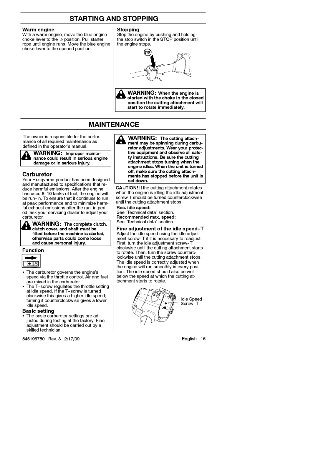 Husqvarna 128 L, 966648603, 128 C manual Maintenance, Carburetor 