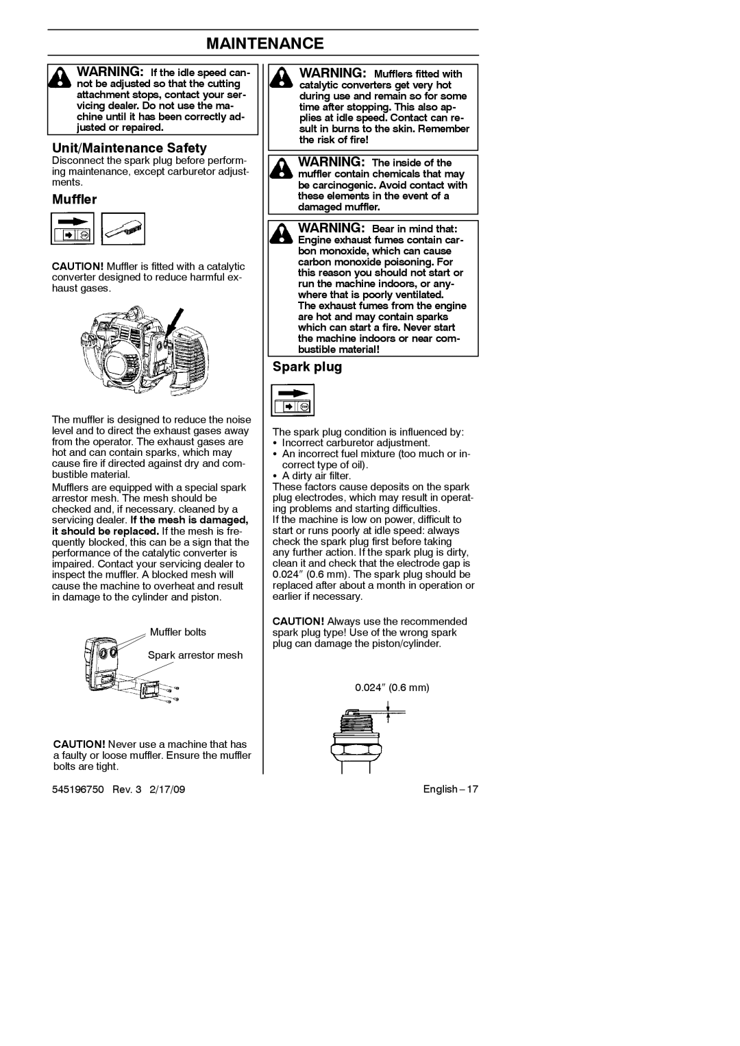 Husqvarna 128 C, 966648603, 128 L Unit/Maintenance Safety, Spark plug, Muffler bolts Spark arrestor mesh Rev 2/17/09 