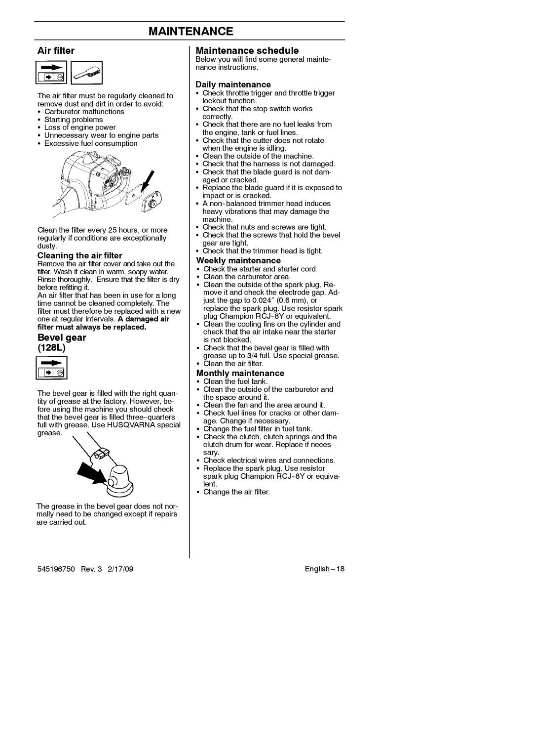 Husqvarna 966648603, 128 L, 128 C manual Air filter, Bevel gear 128L, Maintenance schedule 