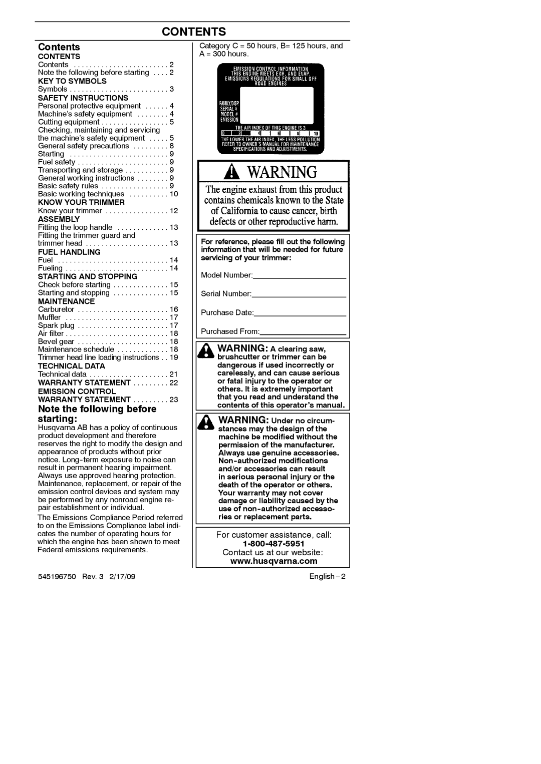 Husqvarna 128 C, 966648603, 128 L manual Contents 