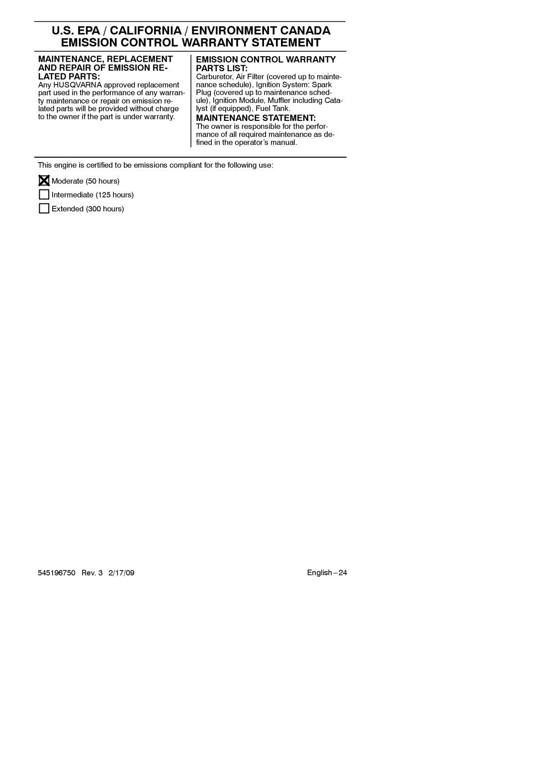 Husqvarna 966648603, 128 L, 128 C manual Emission Control Warranty Parts List 