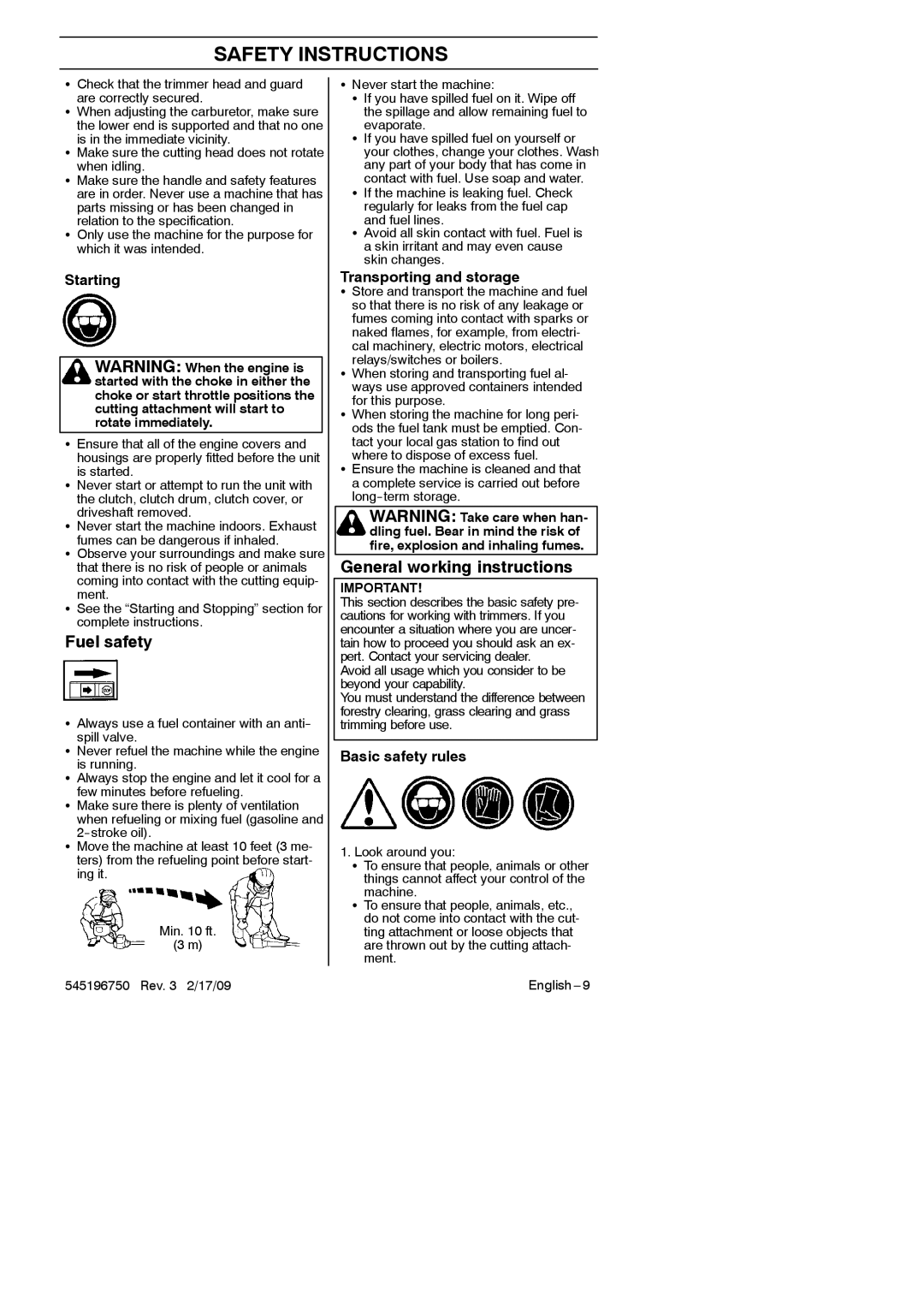 Husqvarna 966648603 Fuel safety, General working instructions, Starting, Transporting and storage, Basic safety rules 