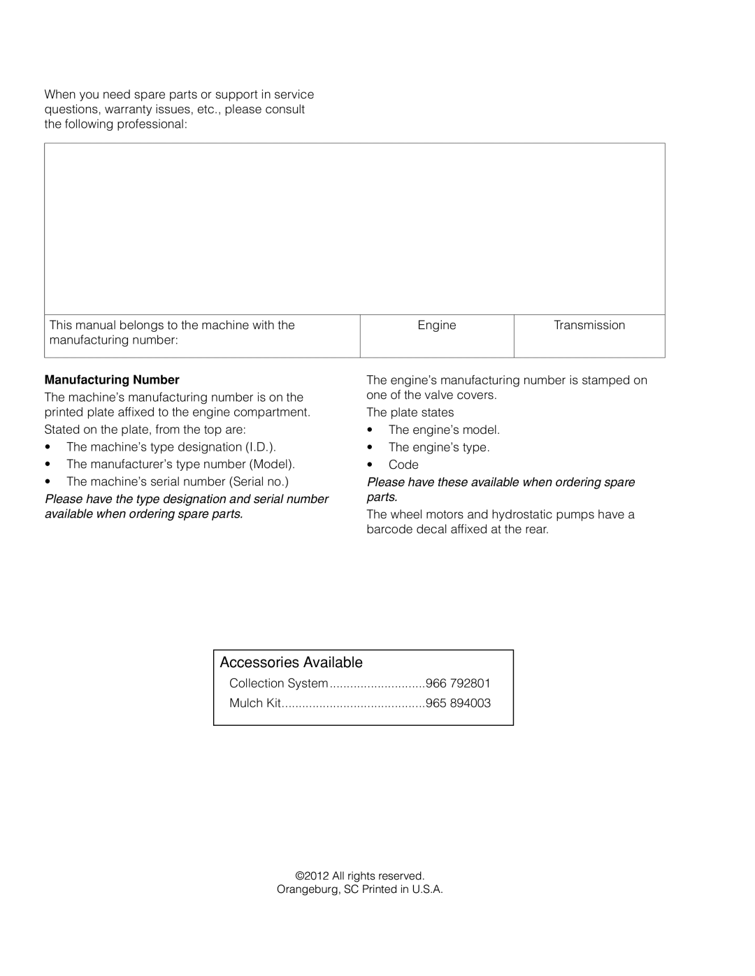 Husqvarna 966659501, EZ4824 CA warranty Accessories Available 