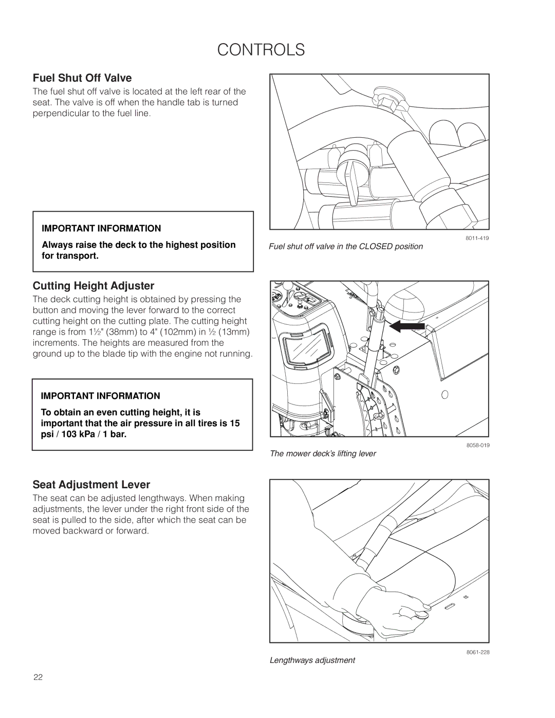 Husqvarna 966659502, EZ4824TF BF warranty Fuel Shut Off Valve, Cutting Height Adjuster, Seat Adjustment Lever 