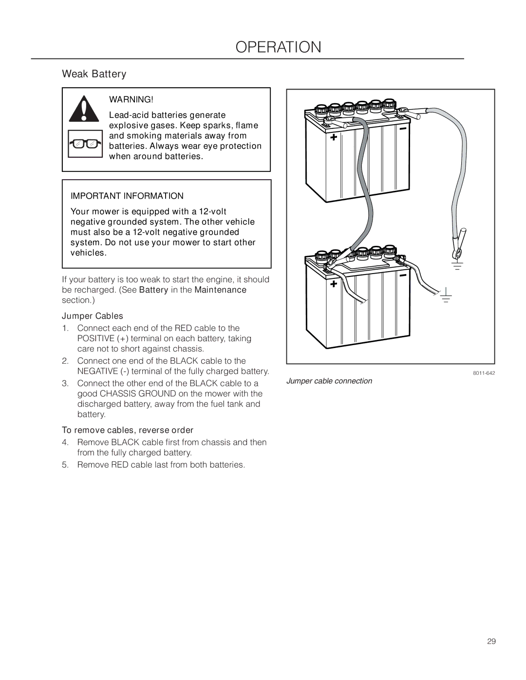 Husqvarna EZ4824TF BF, 966659502 warranty Weak Battery, Jumper Cables, To remove cables, reverse order 