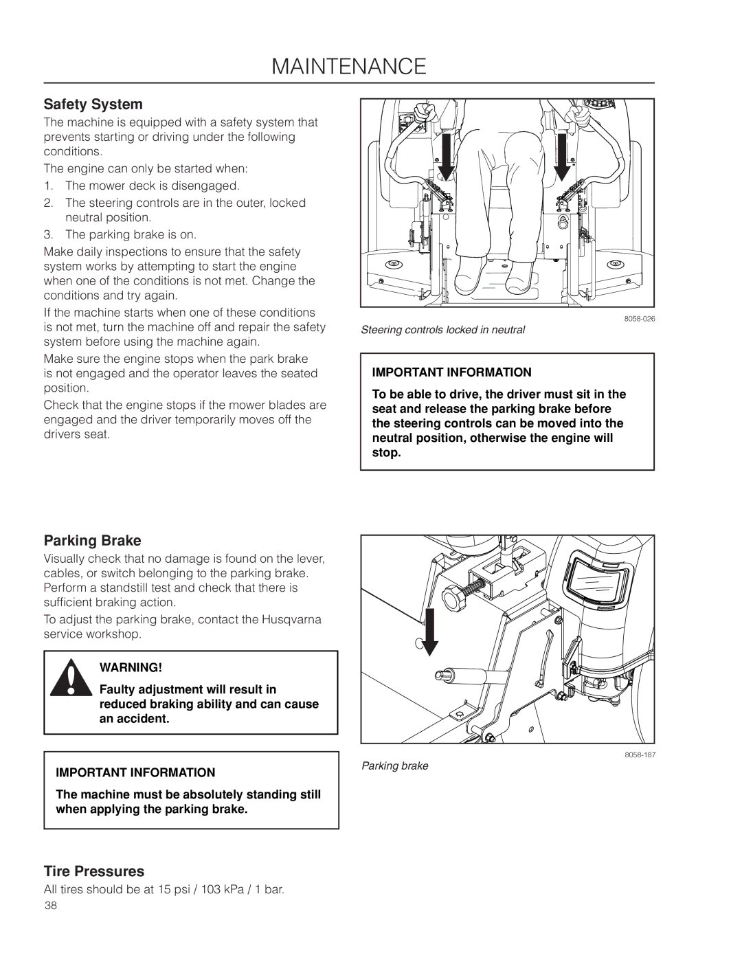 Husqvarna 966659502, EZ4824TF BF warranty Safety System, Tire Pressures 