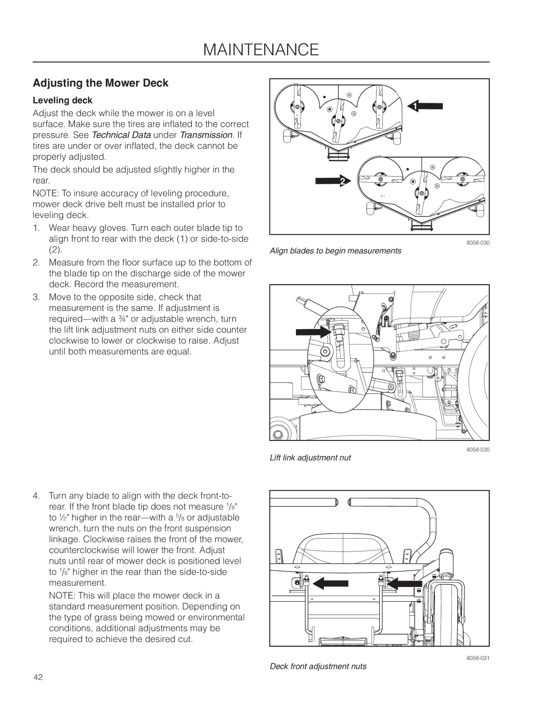 Husqvarna 966659502, EZ4824TF BF warranty Adjusting the Mower Deck, Leveling deck 