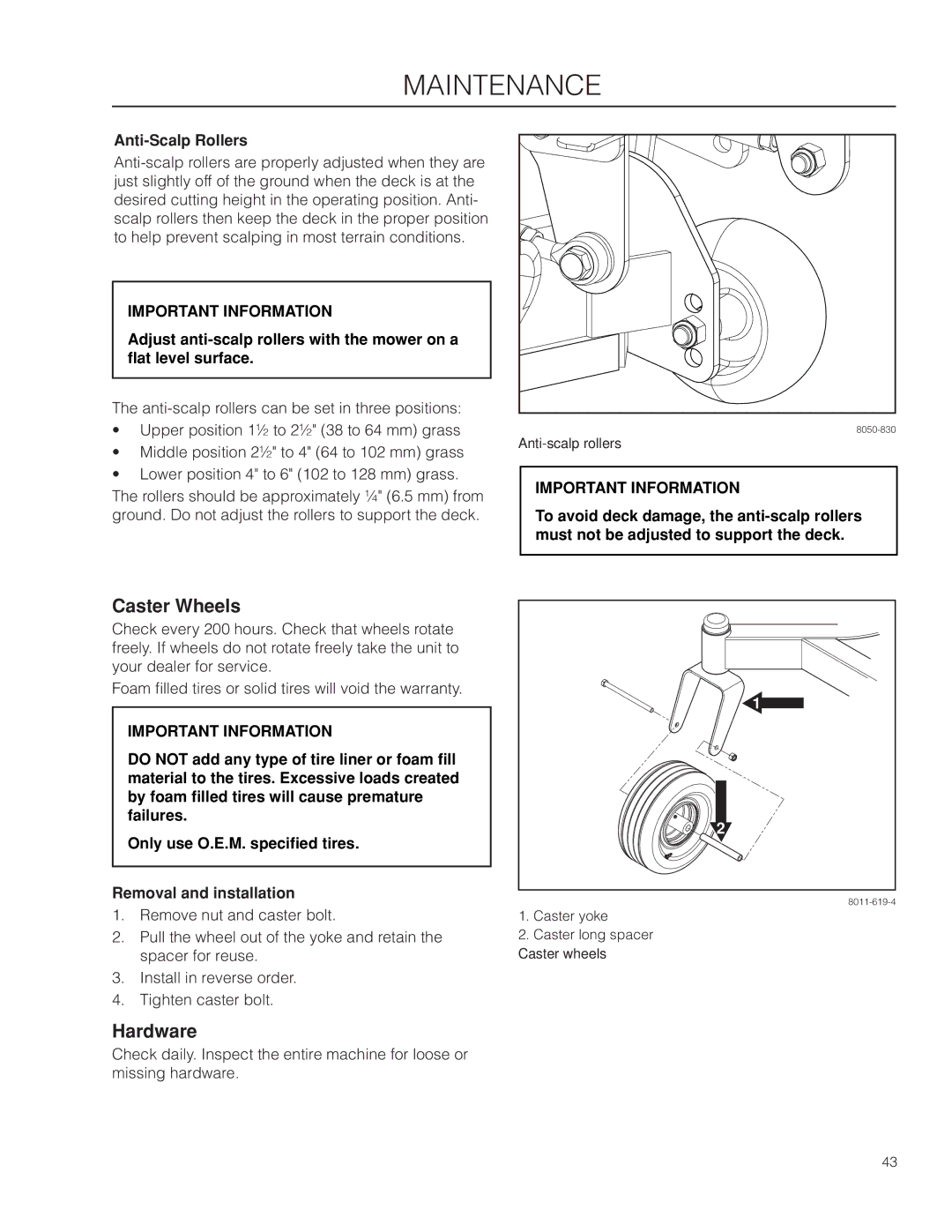 Husqvarna EZ4824TF BF, 966659502 warranty Caster Wheels, Hardware, Anti-Scalp Rollers 