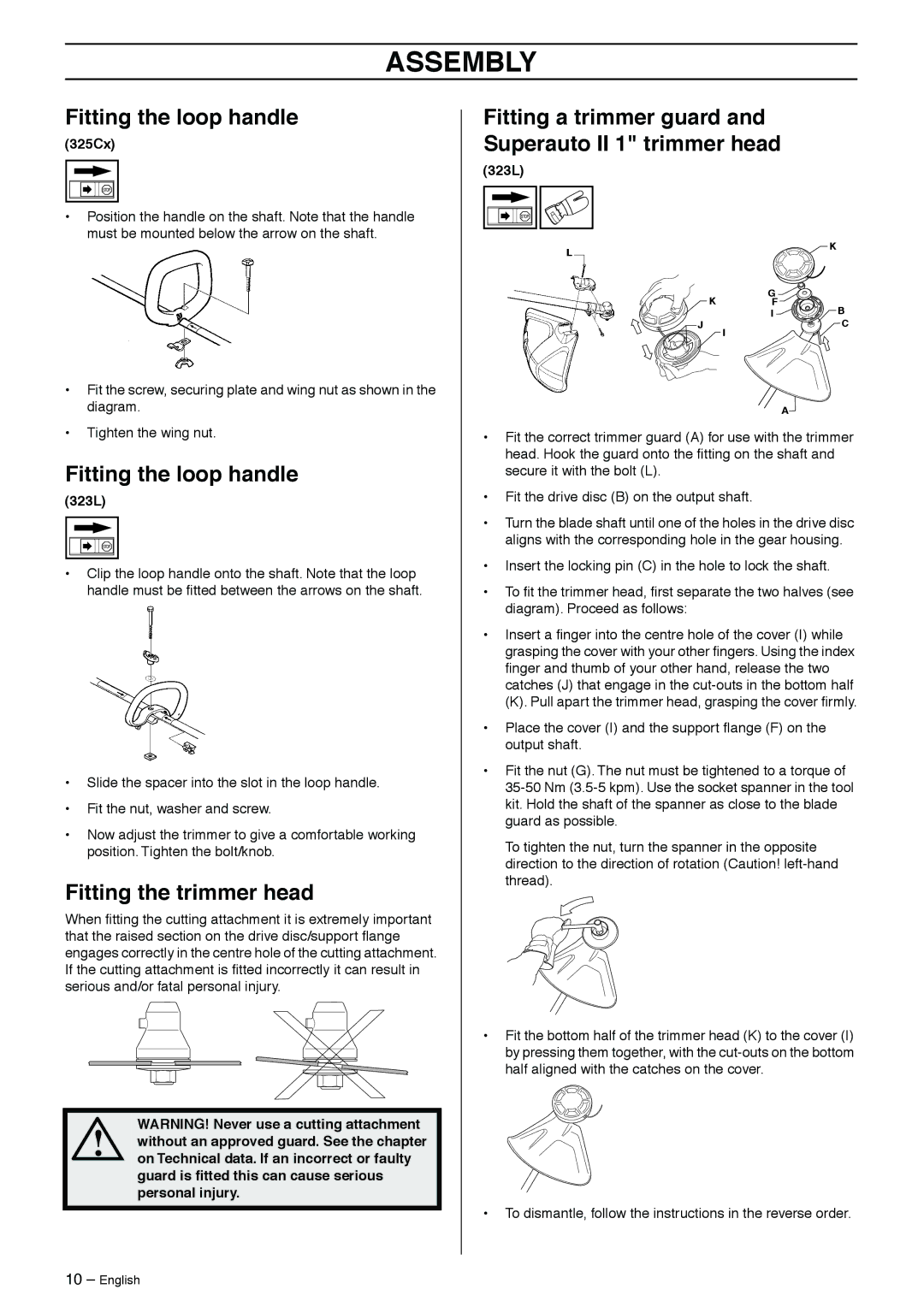 Husqvarna 966765403 manual Assembly, Fitting the loop handle, Fitting the trimmer head 