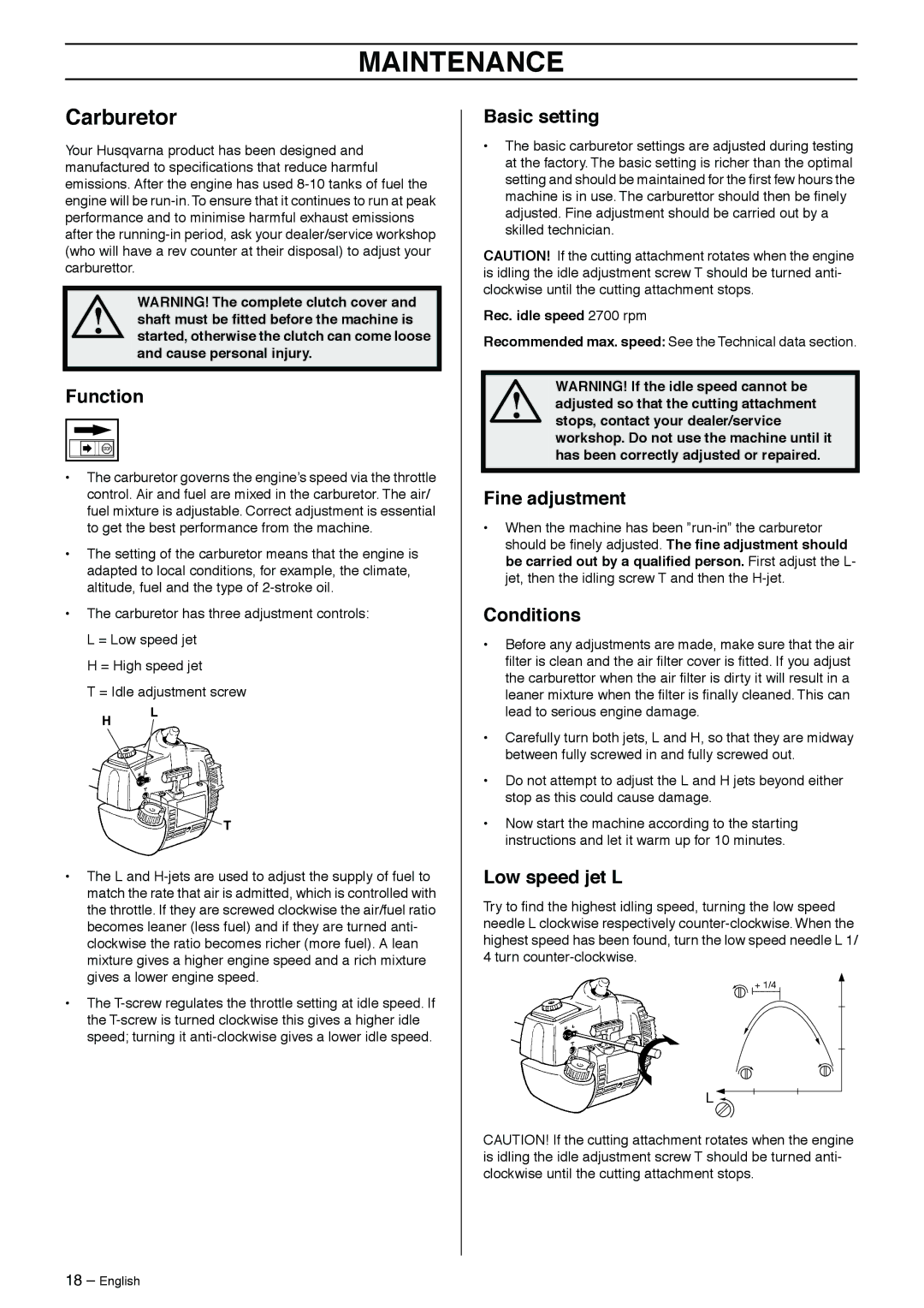 Husqvarna 966765403 manual Maintenance, Carburetor 