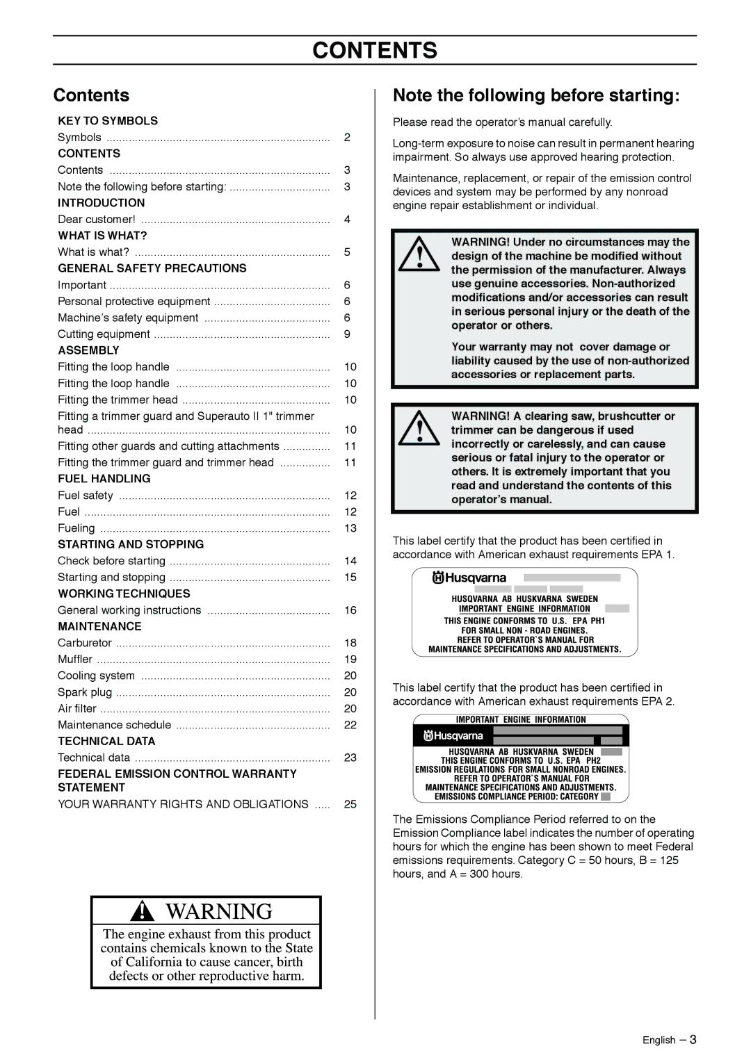 Husqvarna 966765403 manual Contents 