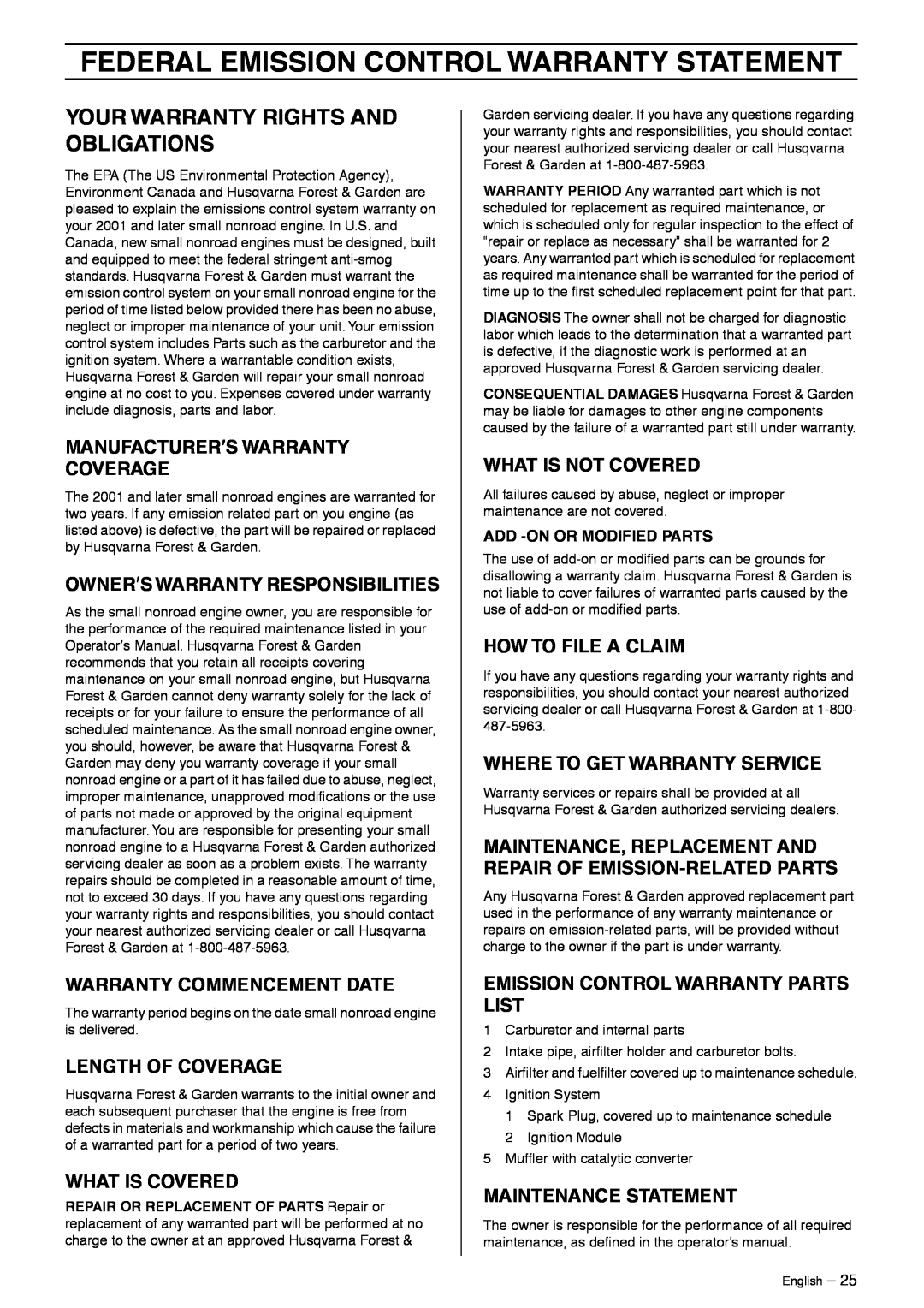 Husqvarna 966765403 manual Federal Emission Control Warranty Statement, Your Warranty Rights And Obligations 