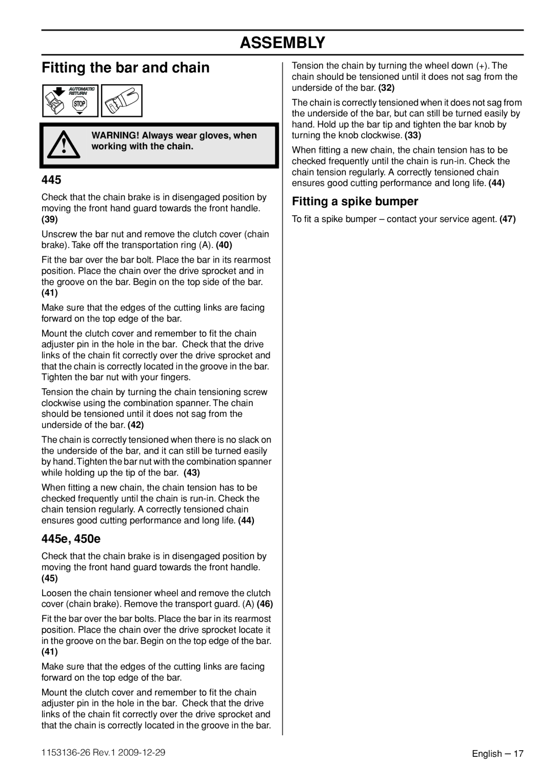 Husqvarna 965084001, 966906636, 966906738 manual Assembly, Fitting the bar and chain, 445e, 450e, Fitting a spike bumper 