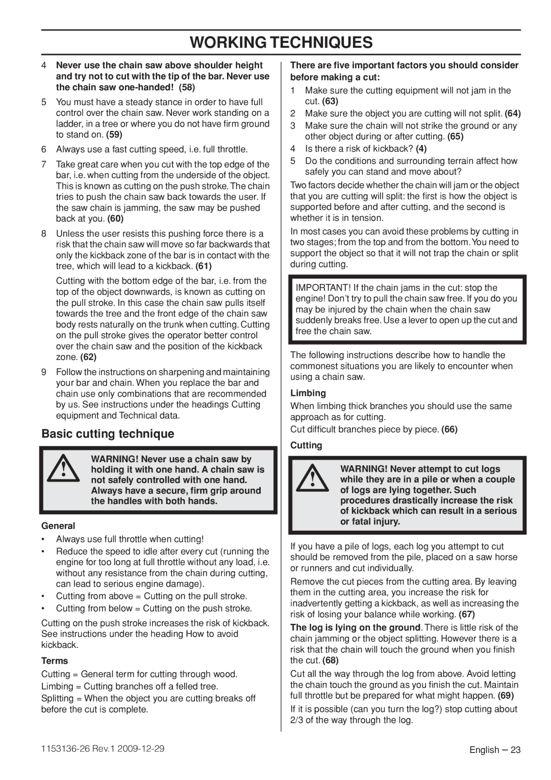 Husqvarna 965084001, 966906636, 966906738 manual Basic cutting technique, Terms, Limbing 