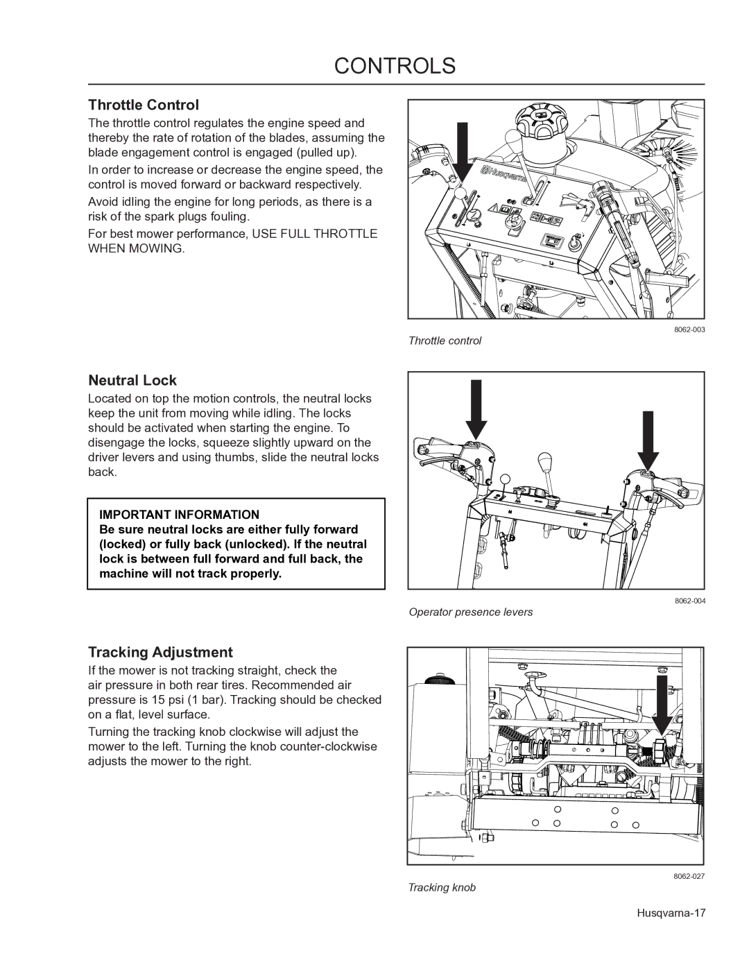 Husqvarna WHF3617, 966947008, 966947005 manual Throttle Control, Neutral Lock, Tracking Adjustment 