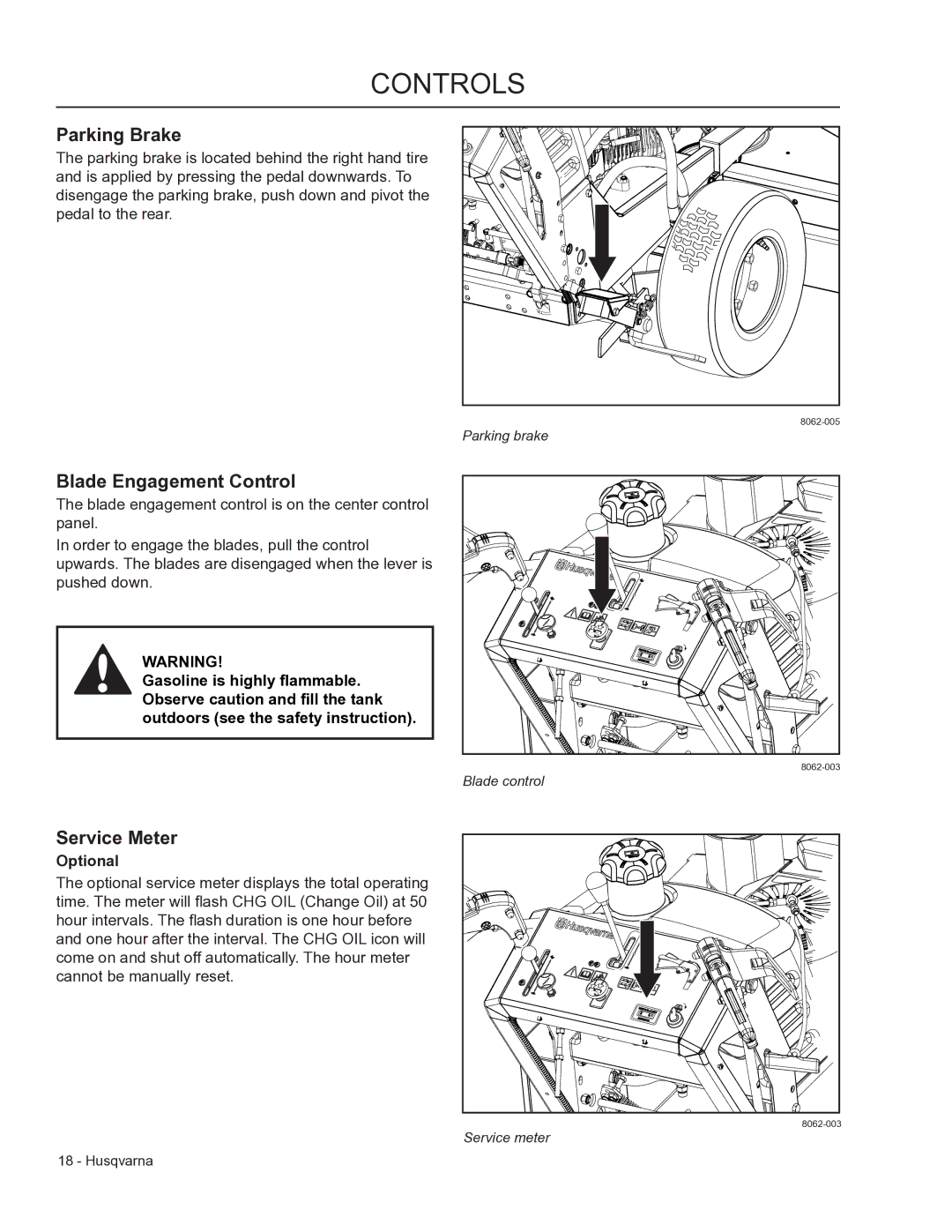 Husqvarna 966947008, 966947005, WHF3617 manual Parking Brake, Blade Engagement Control, Service Meter, Optional 