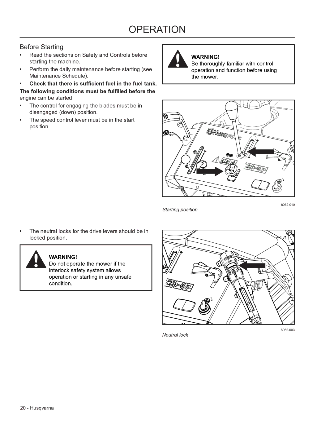 Husqvarna WHF3617, 966947008, 966947005 manual Operation, Before Starting 