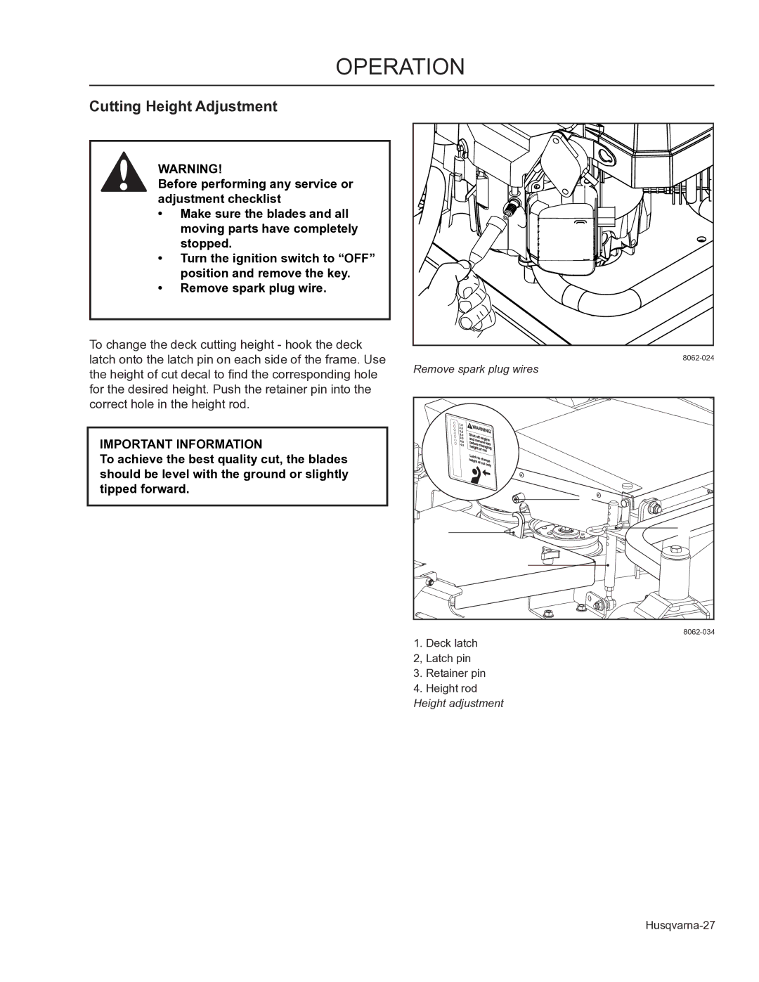 Husqvarna 966947008, 966947005, WHF3617 manual Cutting Height Adjustment 