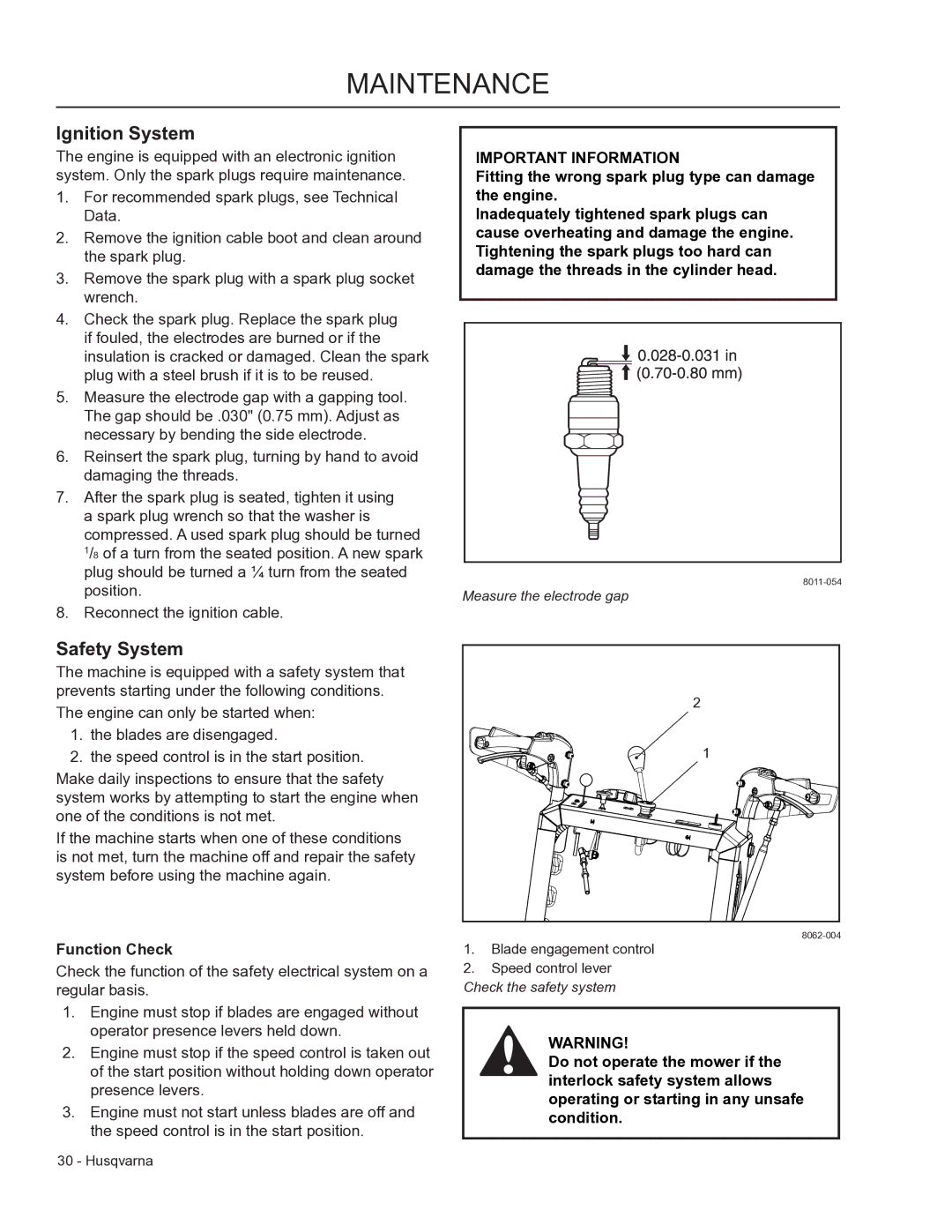 Husqvarna 966947008, 966947005, WHF3617 manual Ignition System, Safety System, Function Check 