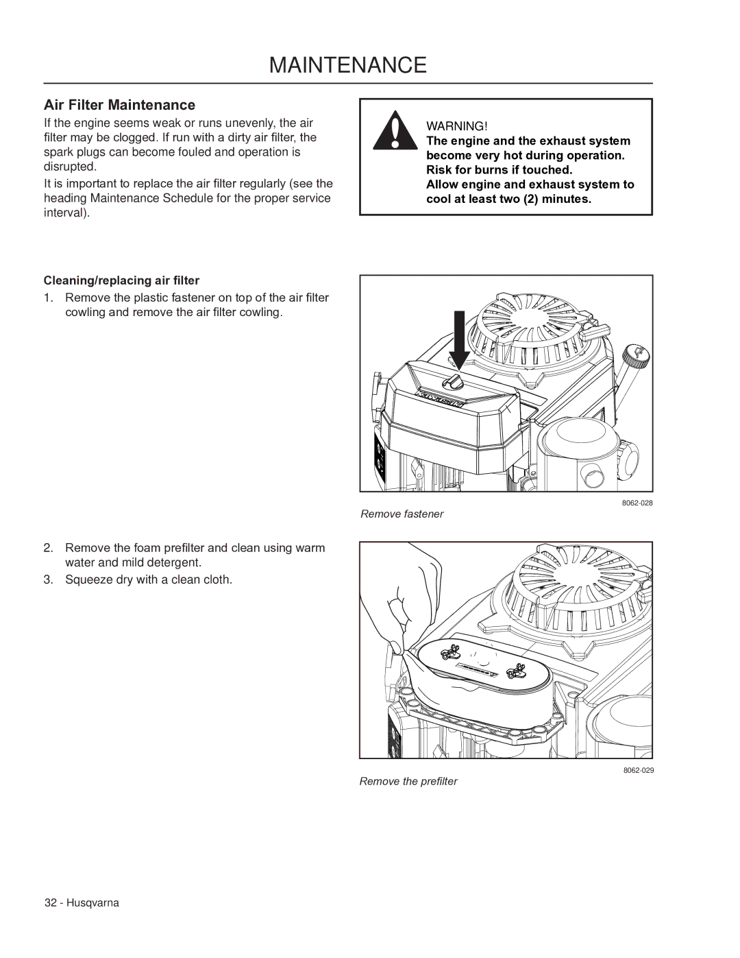 Husqvarna WHF3617, 966947008, 966947005 manual Air Filter Maintenance 