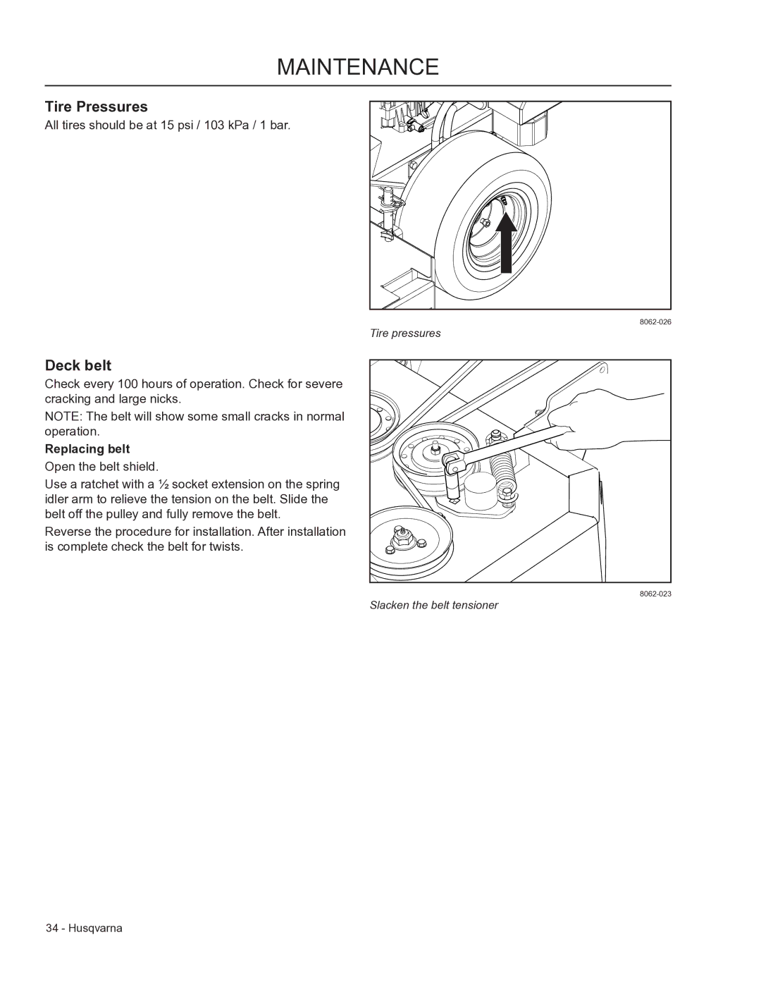 Husqvarna 966947005, 966947008, WHF3617 manual Tire Pressures, Deck belt, Replacing belt 