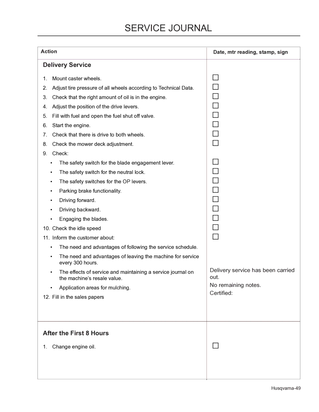 Husqvarna 966947005 Service Journal, Delivery Service, After the First 8 Hours, Action Date, mtr reading, stamp, sign 