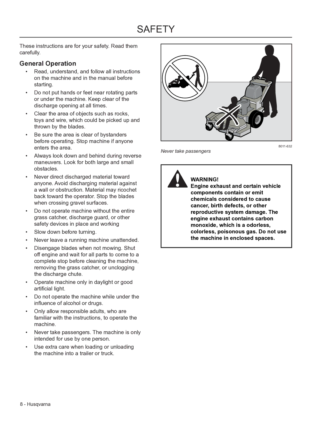 Husqvarna WHF3617, 966947008, 966947005 manual Safety, General Operation 