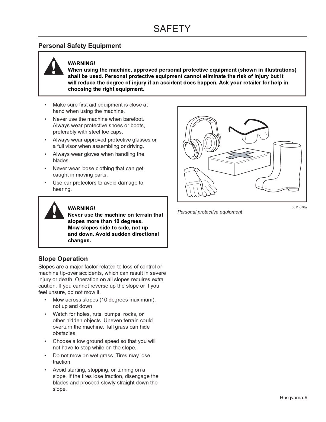 Husqvarna 966947008, 966947005, WHF3617 manual Personal Safety Equipment, Slope Operation 