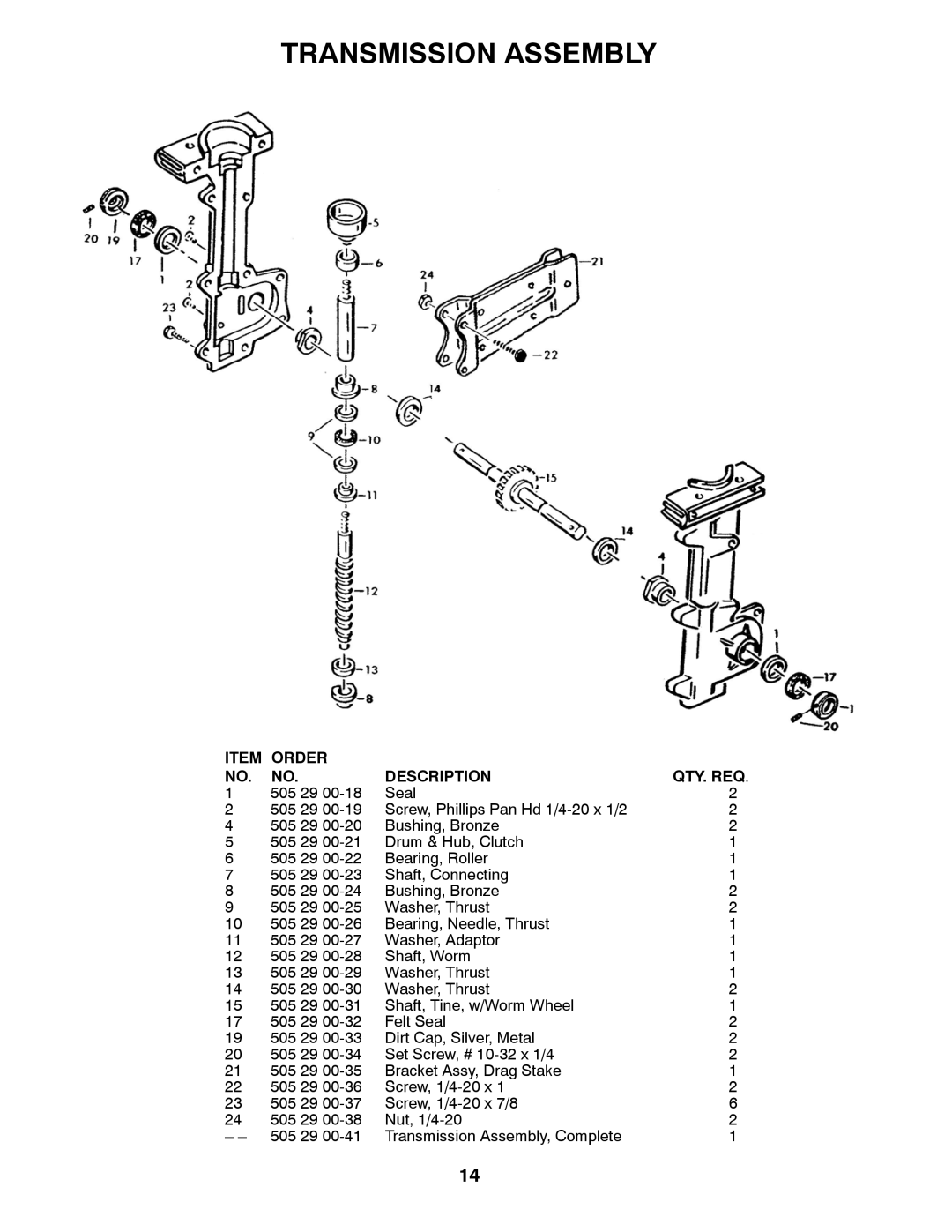 Husqvarna 966957301 specifications Transmission Assembly, Item Order QTY. REQ Description 