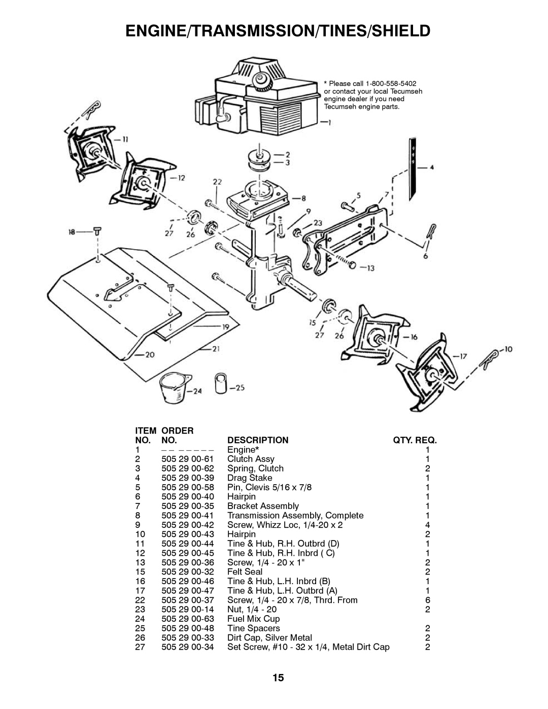 Husqvarna 966957301 specifications Engine/Transmission/Tines/Shield, Order Description QTY. REQ 