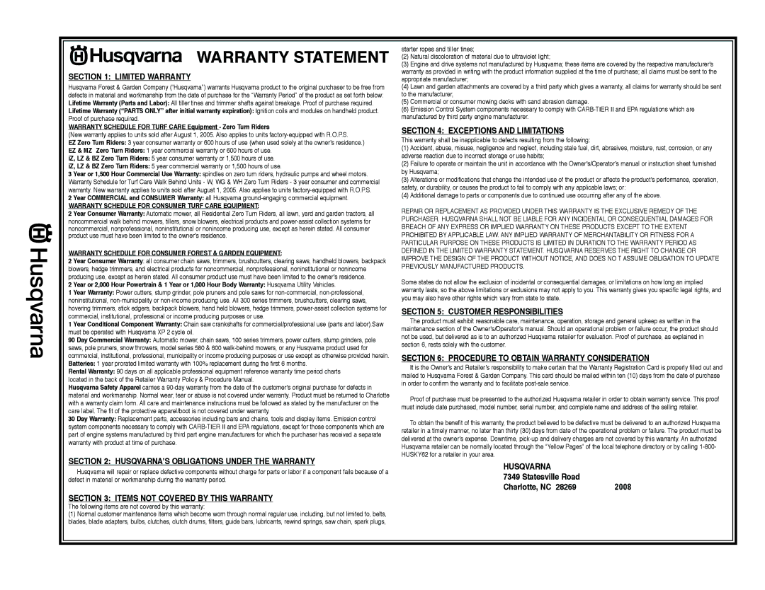 Husqvarna 966957301 specifications Warranty Statement 