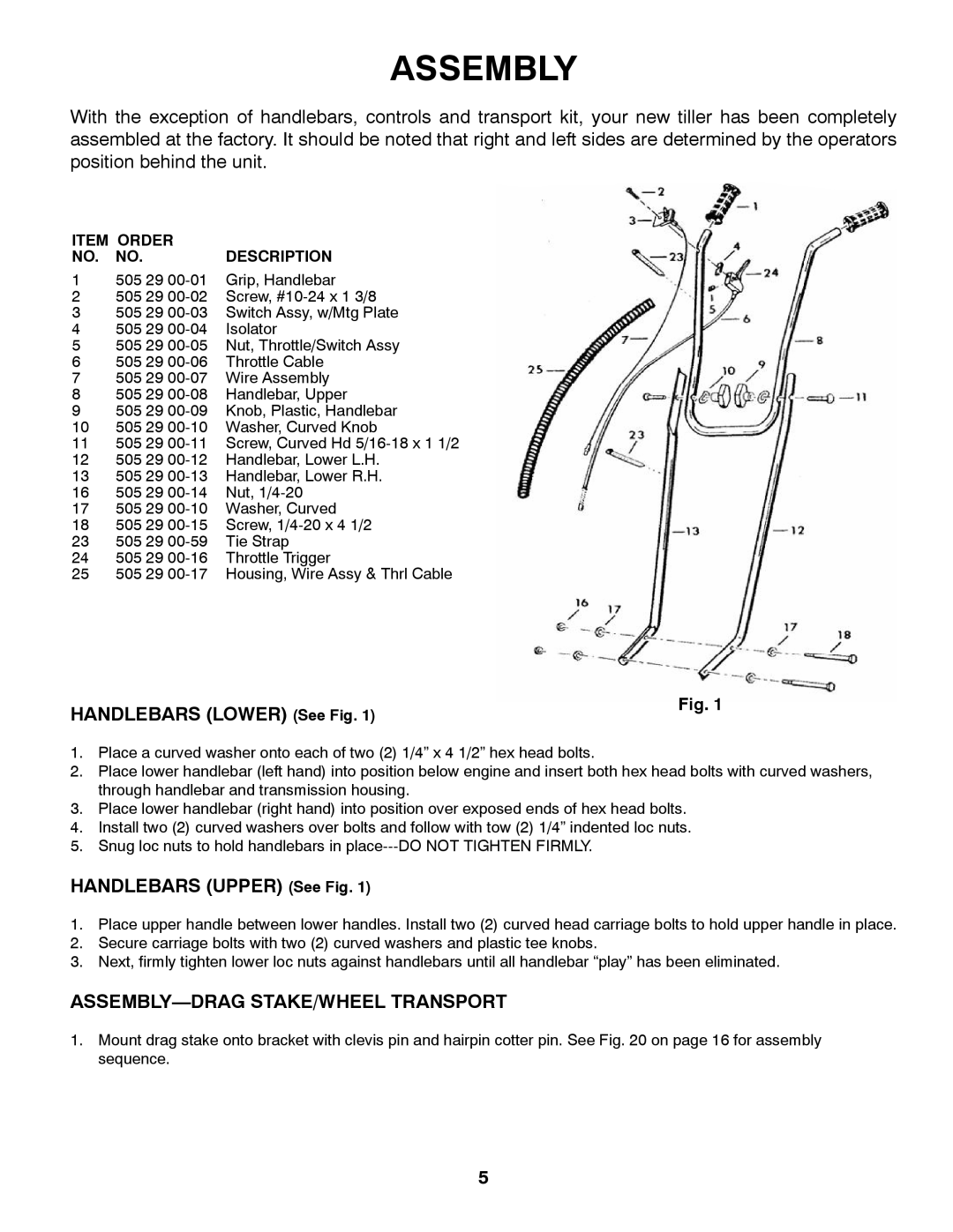 Husqvarna 966957301 specifications ASSEMBLY-DRAG STAKE/WHEEL Transport, Item Order Description 