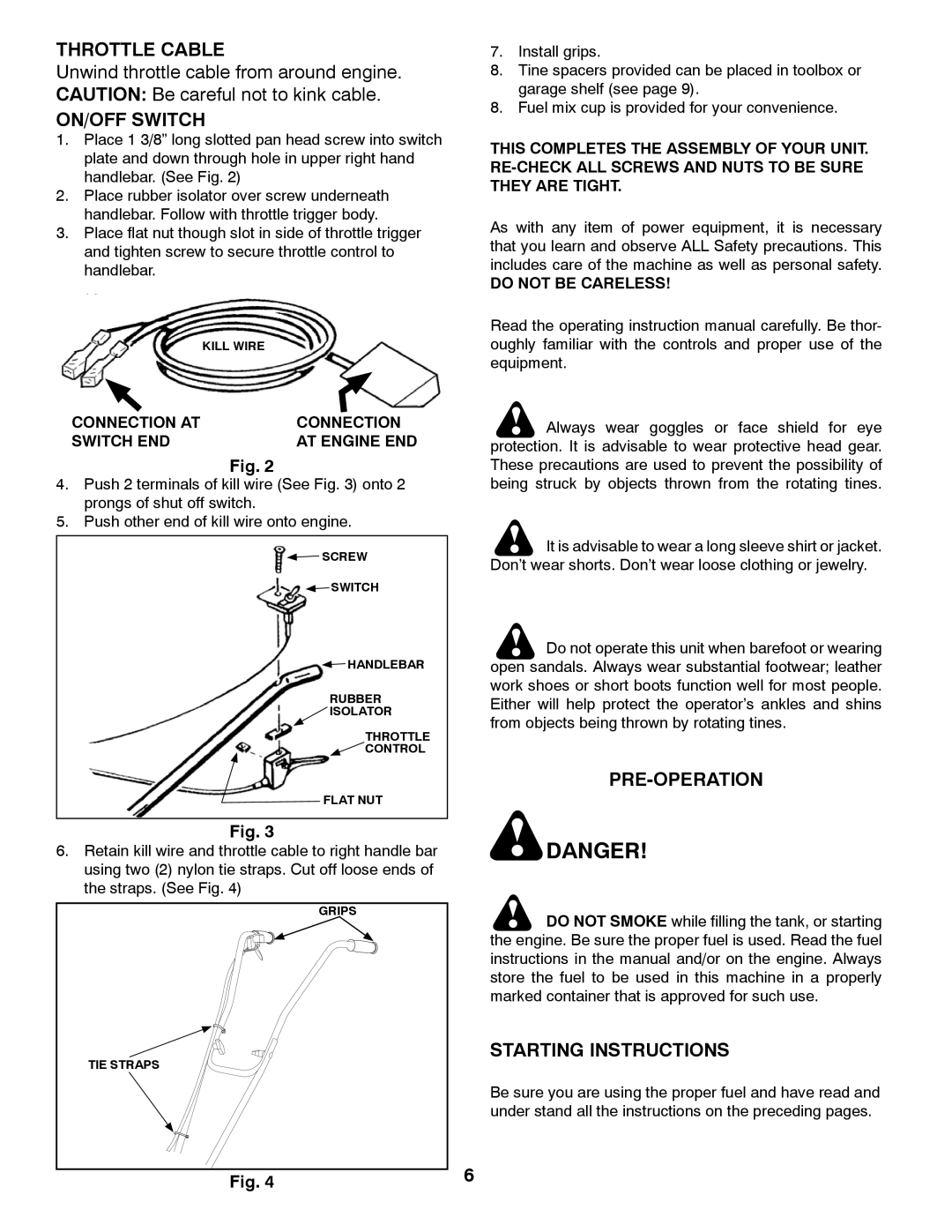 Husqvarna 966957301 specifications Throttle Cable, ON/OFF Switch, Pre-Operation, Starting Instructions 