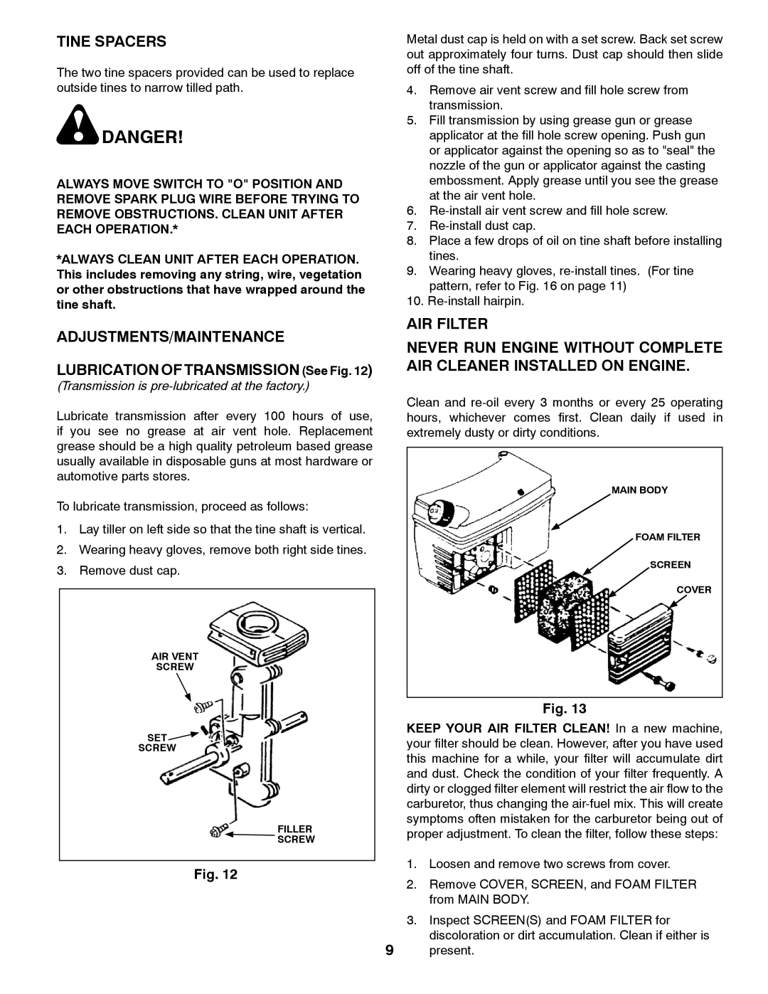 Husqvarna 966957301 specifications Tine Spacers, Adjustments/Maintenance 