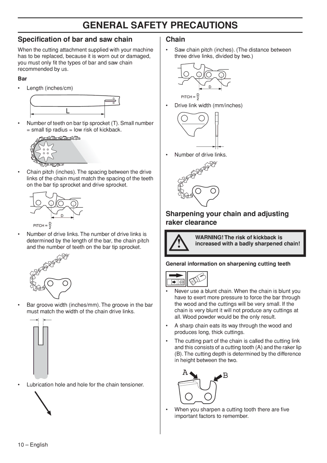 Husqvarna 966976701 manual Speciﬁcation of bar and saw chain, Chain, Sharpening your chain and adjusting raker clearance 