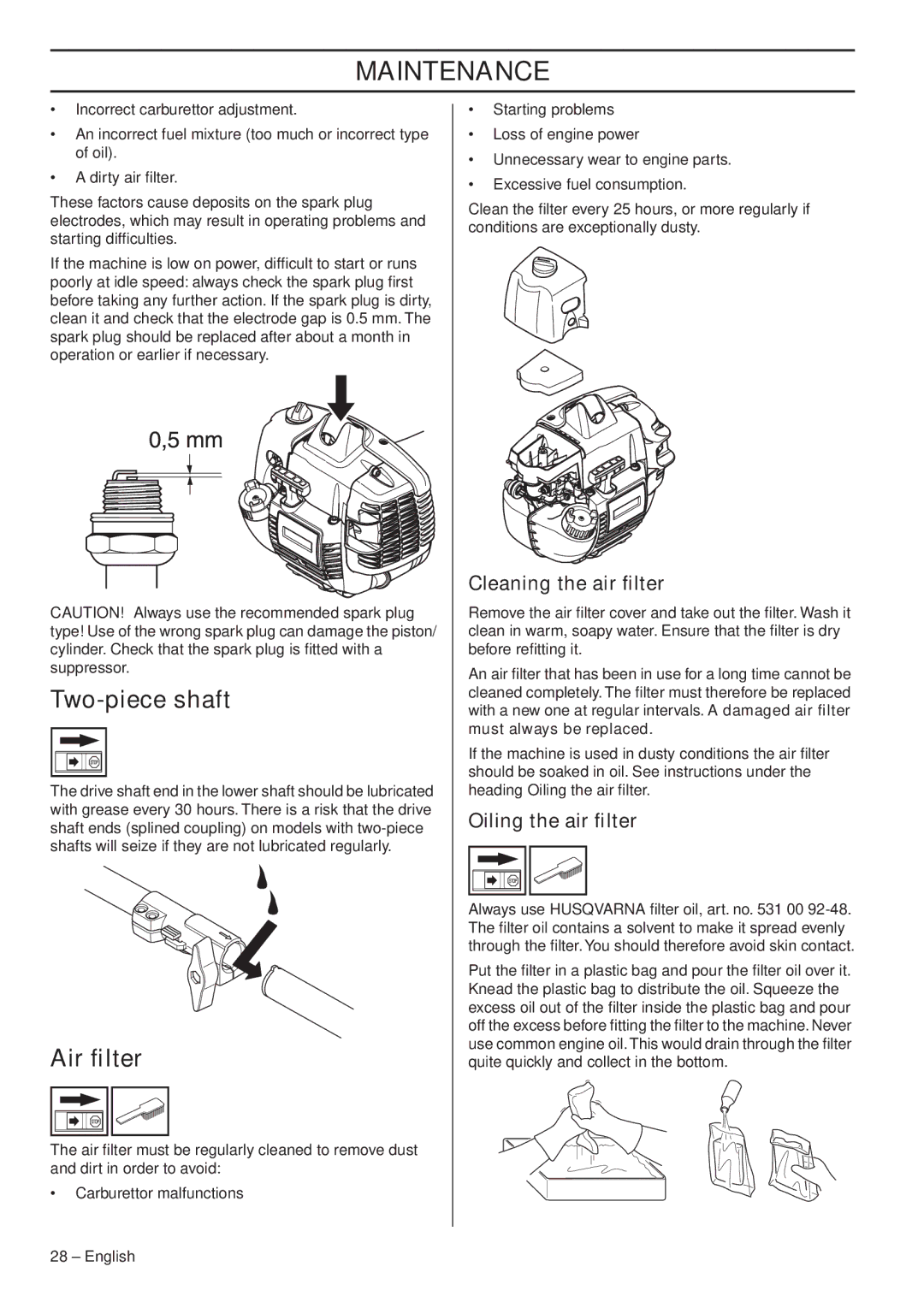 Husqvarna 966976701 manual Two-piece shaft, Air ﬁlter, Cleaning the air ﬁlter, Oiling the air ﬁlter 