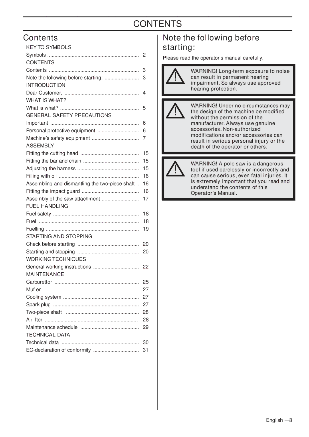 Husqvarna 966976701 manual Contents 